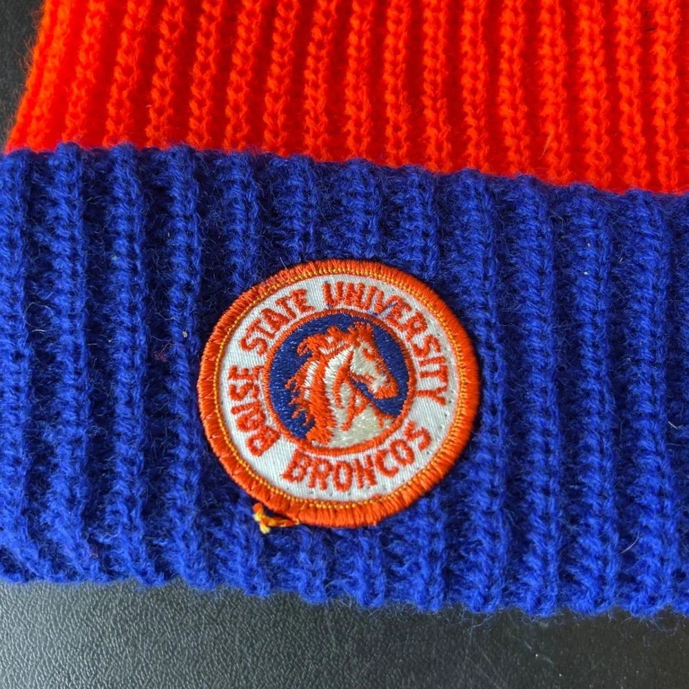 Vintage 70's Boise State University Broncos Beanie Orange Blue Pom Pom Knit Hat